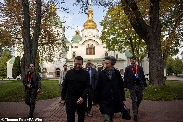 President Zelenskyy and Princess Anne share a smile as they meet at St Sophia's Cathedral in Kyiv -- September 30, 2025