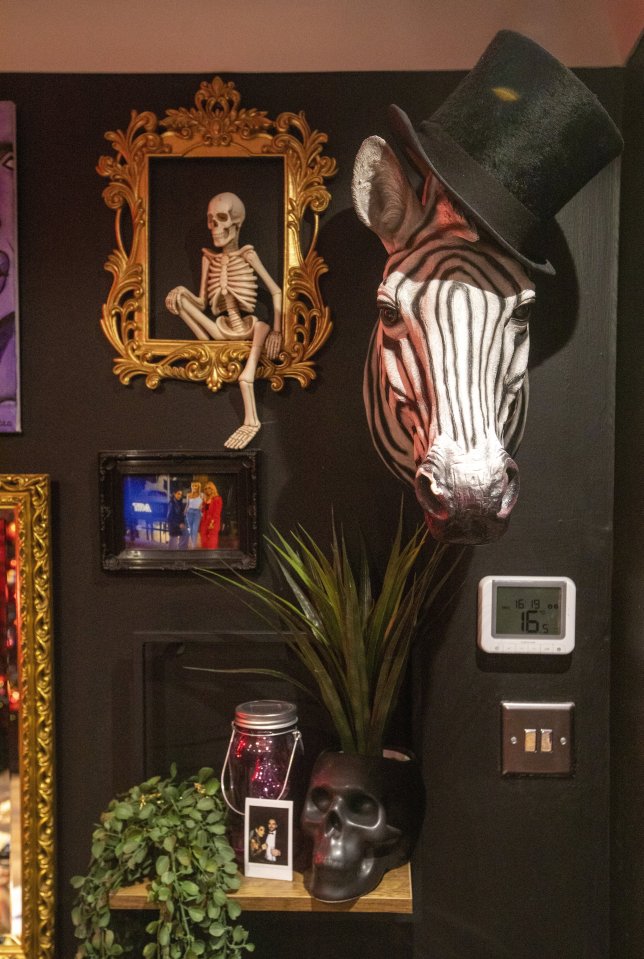 Interior of a Goth House, with a skeleton in an ornate golden frame and a zebra head wearing a top hat on a black wall.