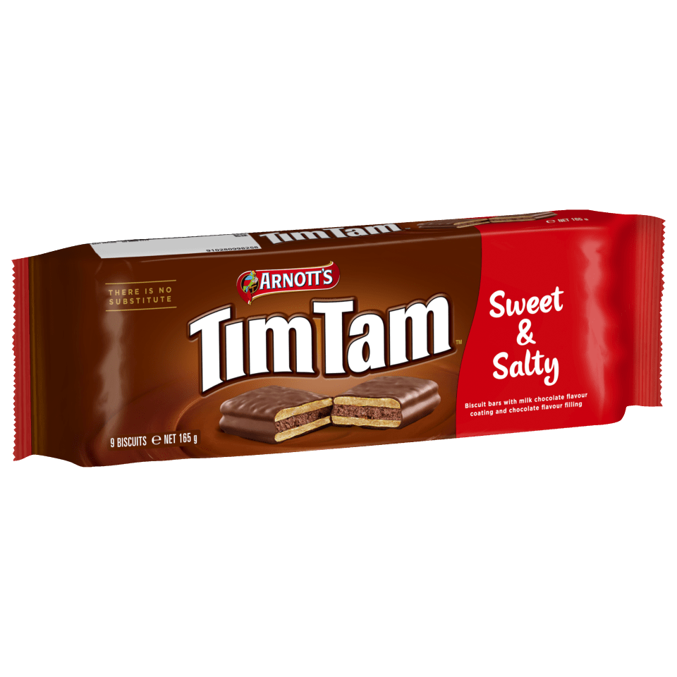 Arnott's Tim Tam Sweet & Salty chocolate biscuits packaging.