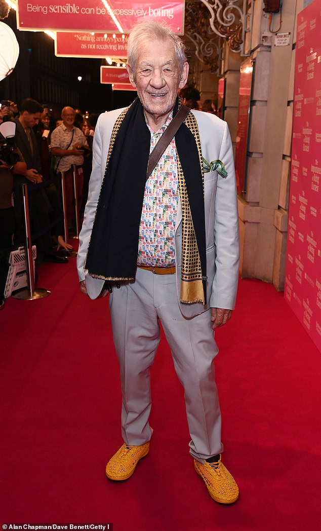 The celebrated actor, 86, smiled for the awaiting cameras as he arrived at the opening of The Importance of Being Earnest at The Noel Coward Theatre - the same venue of his horror fall