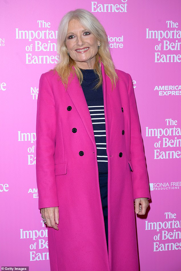 Presenter Gaby Roslin wore an on-brand pink coat to the venue, with a white stripped jumper and navy trousers underneath