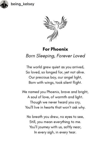 An Instagram post from "being_kelsey" with a poem titled "For Phoenix: Born Sleeping, Forever Loved," alongside an illustration of a phoenix.