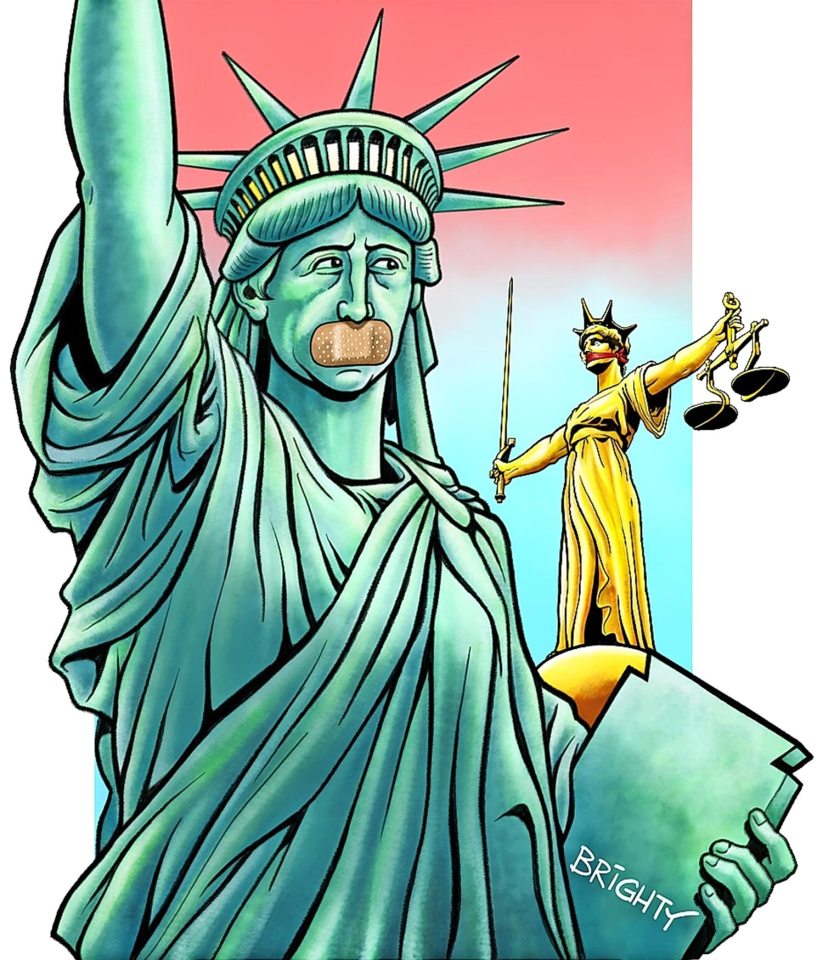 Illustration of the Statue of Liberty with a bandage over her mouth and Lady Justice blindfolded with a gag.
