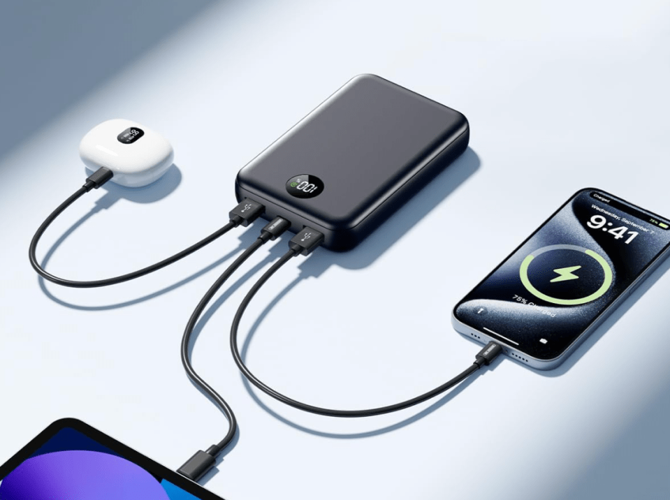A power bank with 100% charge, charging earbuds, a phone that is 75% charged, and a tablet.