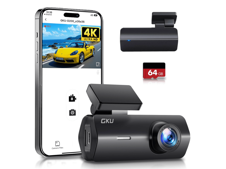 A GKU dashcam and mount, a 64 GB SD card, and a smartphone displaying 4K Ultra HD footage of a yellow sports car on a coastal road.