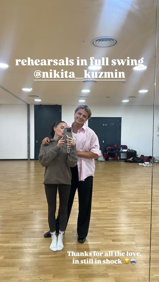 Amber Davies and Nikita Kuzmin in a rehearsal studio.