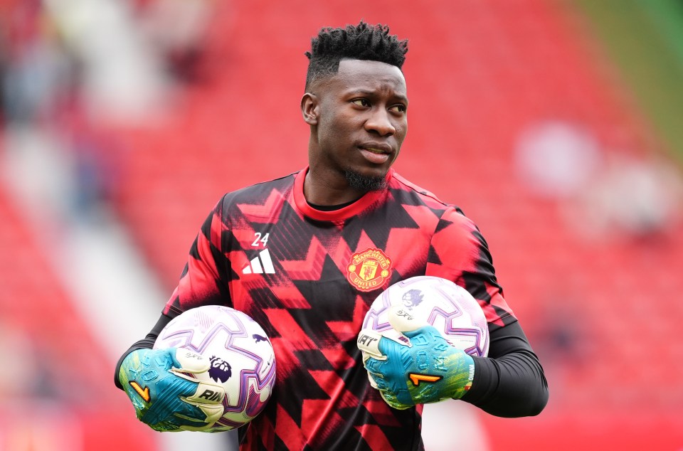Andre Onana, Manchester United goalkeeper, holding soccer balls.