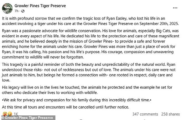 The preserve remembered Easley as a passionate wildlife advocate who had a deep love for animals