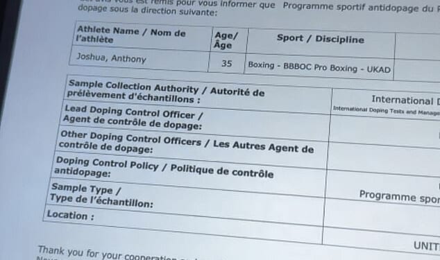 Anthony Joshua 's dinner in Dubai with Matchroom promoter Eddie Hearn was interrupted when drug testers from UK Anti-Doping (UKAD) turned up at the table unannounced