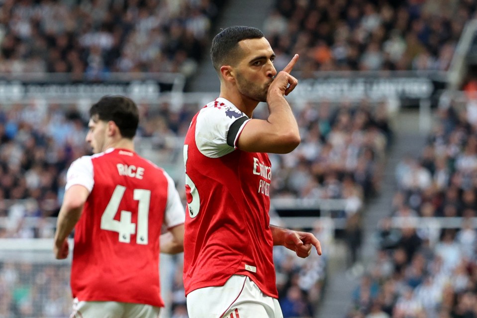 Mikel Merino celebrating his goal for Arsenal against Newcastle United.
