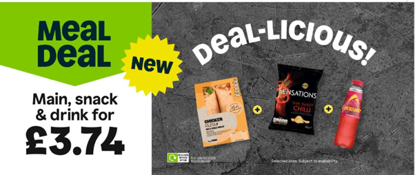 Meal Deal: Main, snack, and drink for £3.74, featuring a chicken fajita wrap, Sensations Thai Sweet Chilli crisps, and Lucozade.