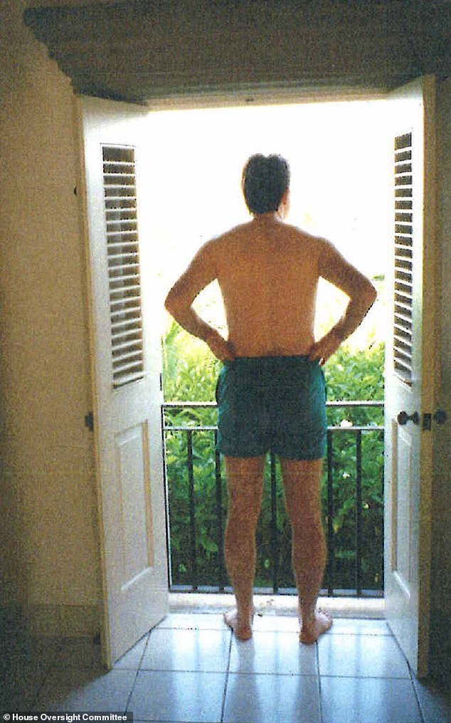 Lord Mandelson gazing out of a balcony window in what appears to be Epstein's house on his private island in the Caribbean