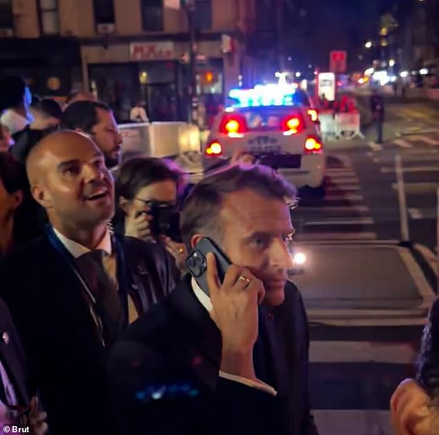 Footage shows the perplexed French president stranded on a road moments after he left the UN headquarters in the Big Apple on Monday
