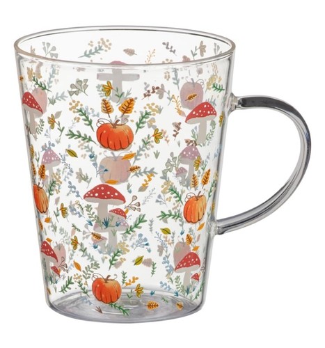 Clear glass mug with an illustration of pumpkins, mushrooms, and fall foliage.