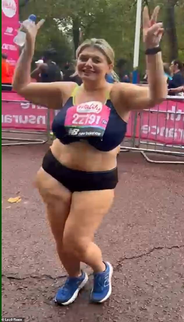 Bryony after completing the London Marathon. She says: ‘I couldn’t give a fig if someone is thin or fat, if they are on Mounjaro or McDonald’s.’ But she hates how weight-loss products have made women feel self-conscious about their bodies again