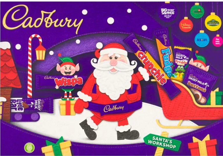 Illustration of a Cadbury Christmas selection box with Santa, an elf, and various chocolates.
