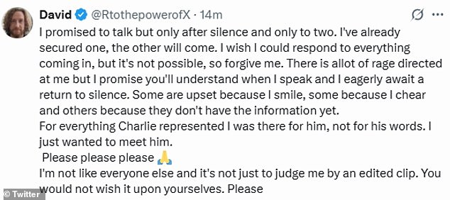 David has seemingly struggled to cope with the wave of harsh criticisms, taking to the platform twice more to justify his actions