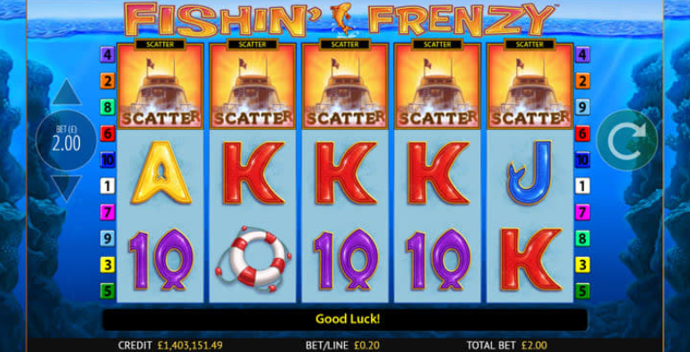 Illustration of the "Fishin' Frenzy" slot machine game with five reels showing various symbols like boats, letters, and numbers.