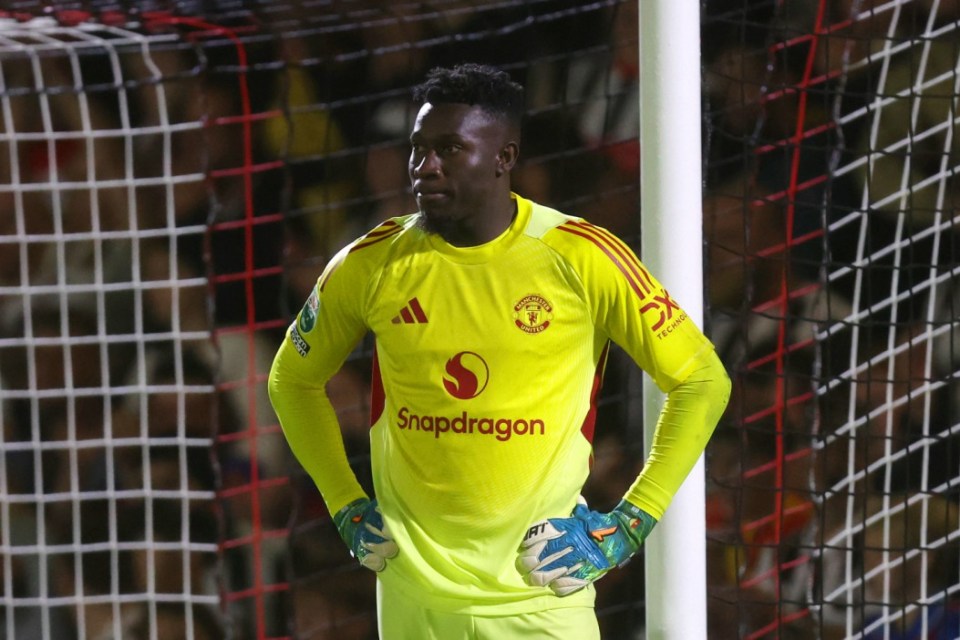 GRIMSBY, ENGLAND - AUGUST 27: Andre Onana of Manchester United reacts during the Carabao Cup Second Round match between Grimsby Town and Manchester United at Blundell Park on August 27, 2025 in Grimsby, England. (Photo by George Wood/Getty Images)