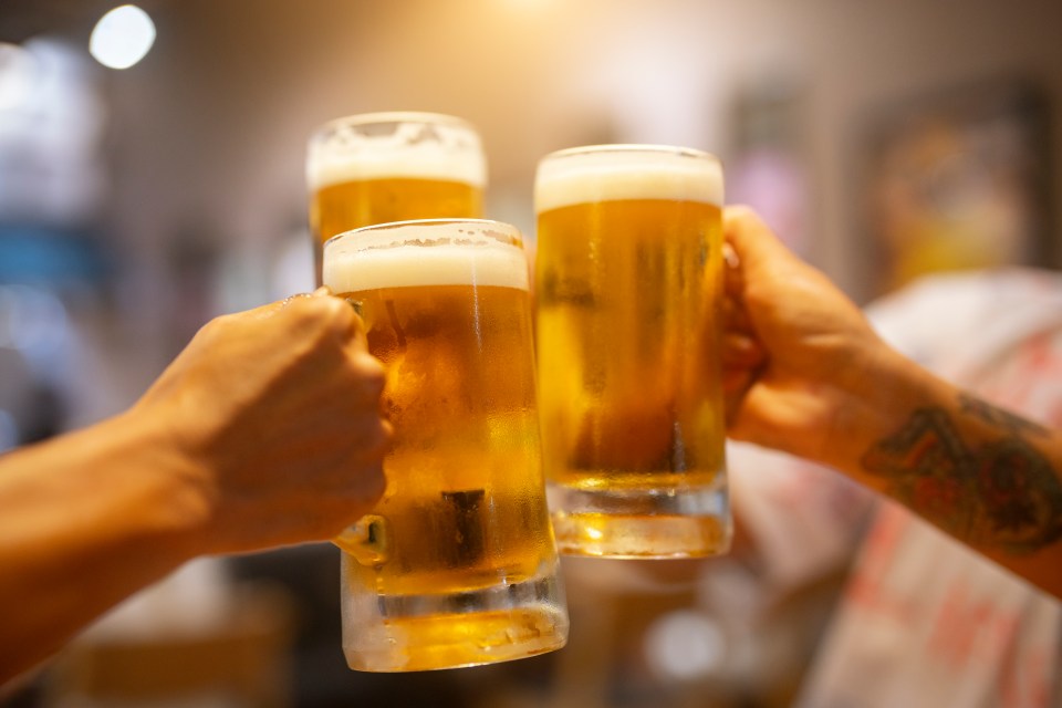 Three men clinking beer mugs filled with light beer and foamy heads.