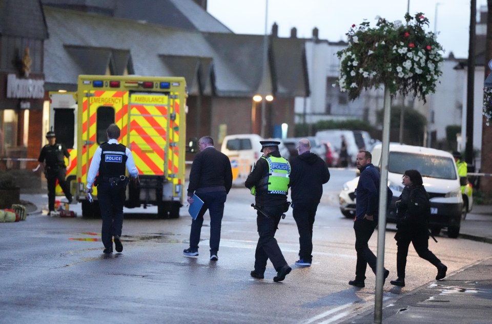 Police officers and an ambulance at a crime scene.