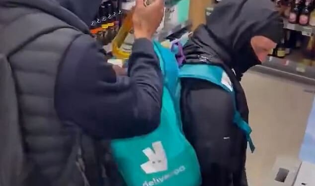 Shameless thieves have been caught stuffing bottles of alcohol from Waitrose into Deliveroo bags - as staff say they are helpless to stop them