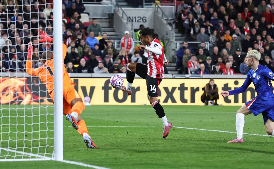 Brentford's Fabio Carvalho scoring a goal against Chelsea.