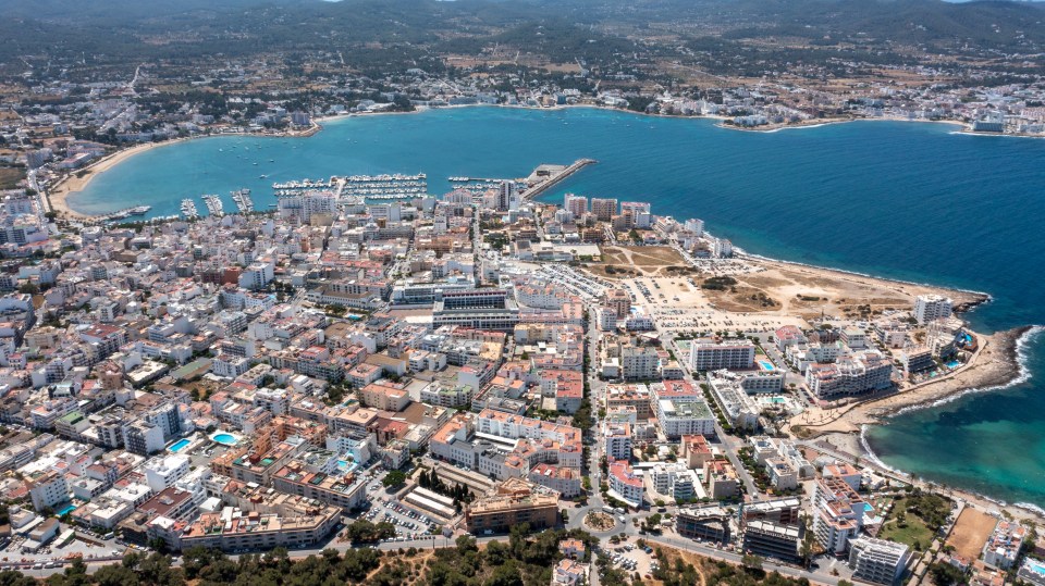 Aerial view of a coastal town.