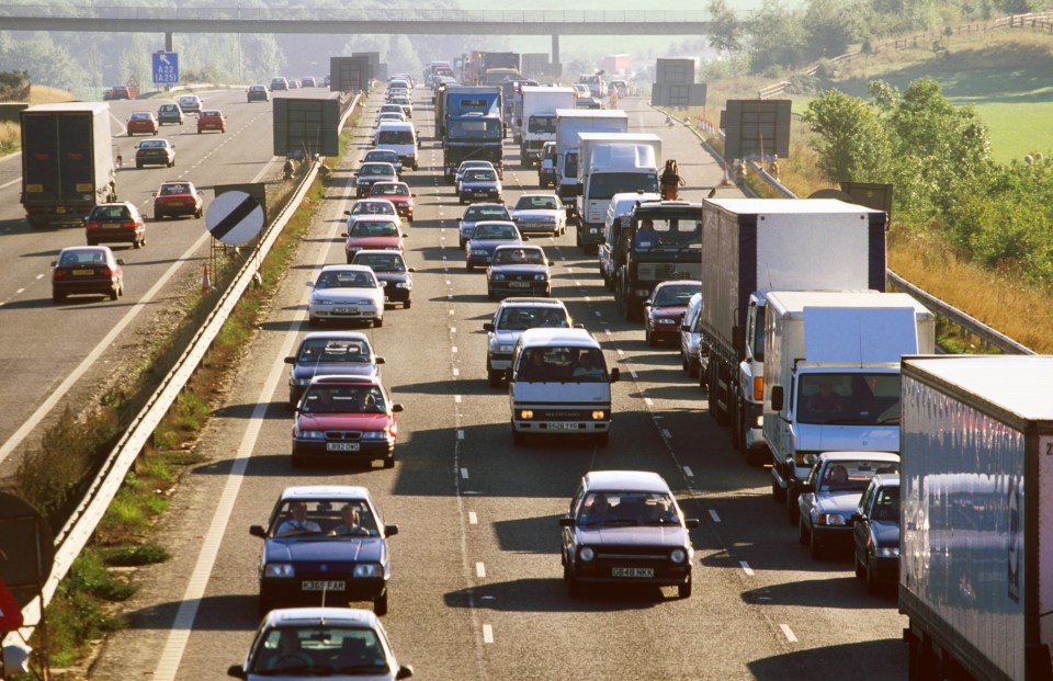 Traffic jam on a multi-lane highway.