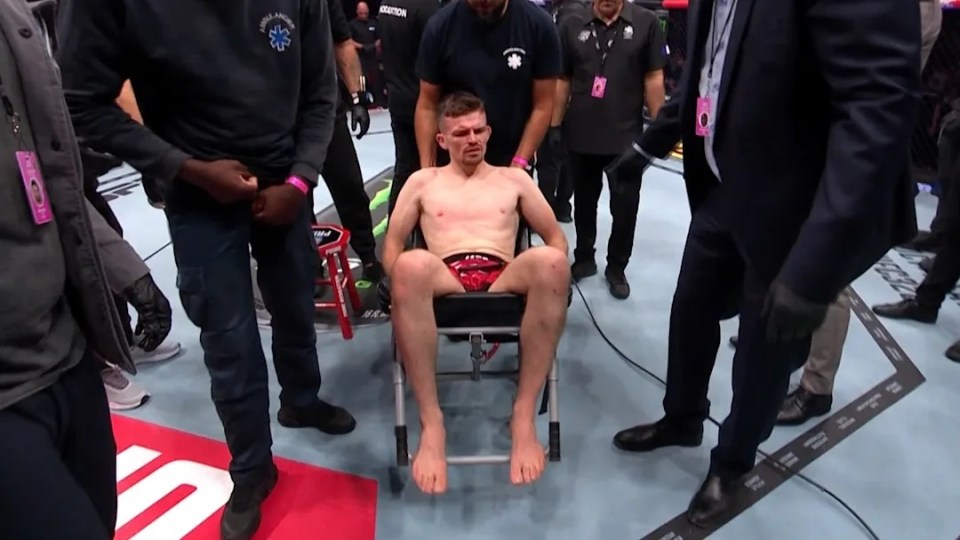 A UFC fighter being wheeled out of the ring in a chair after a knockout.