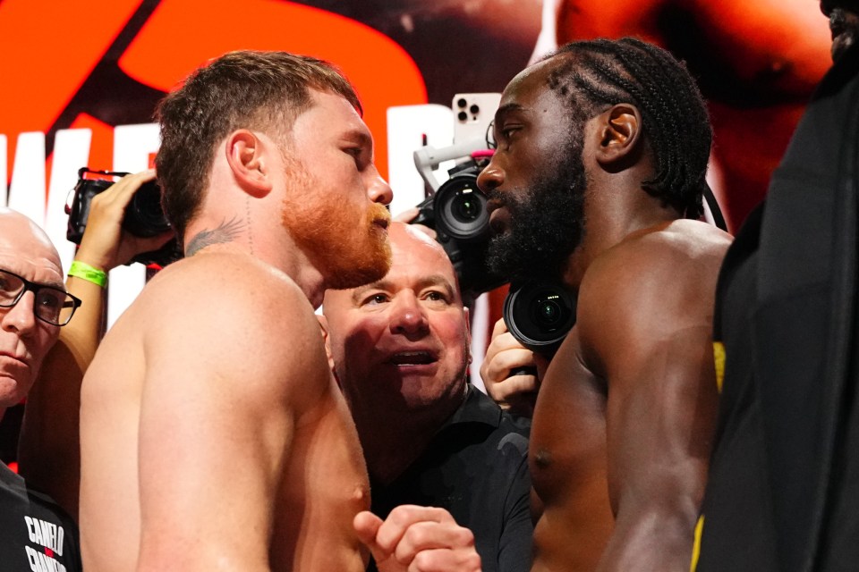 Canelo Alvarez and Terence Crawford face off at a weigh-in.