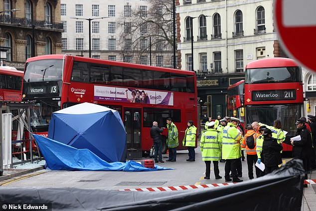 Police and emergency service crews surround a bus that crashed into a pedestrian outside London Victoria Bus Station in January last year