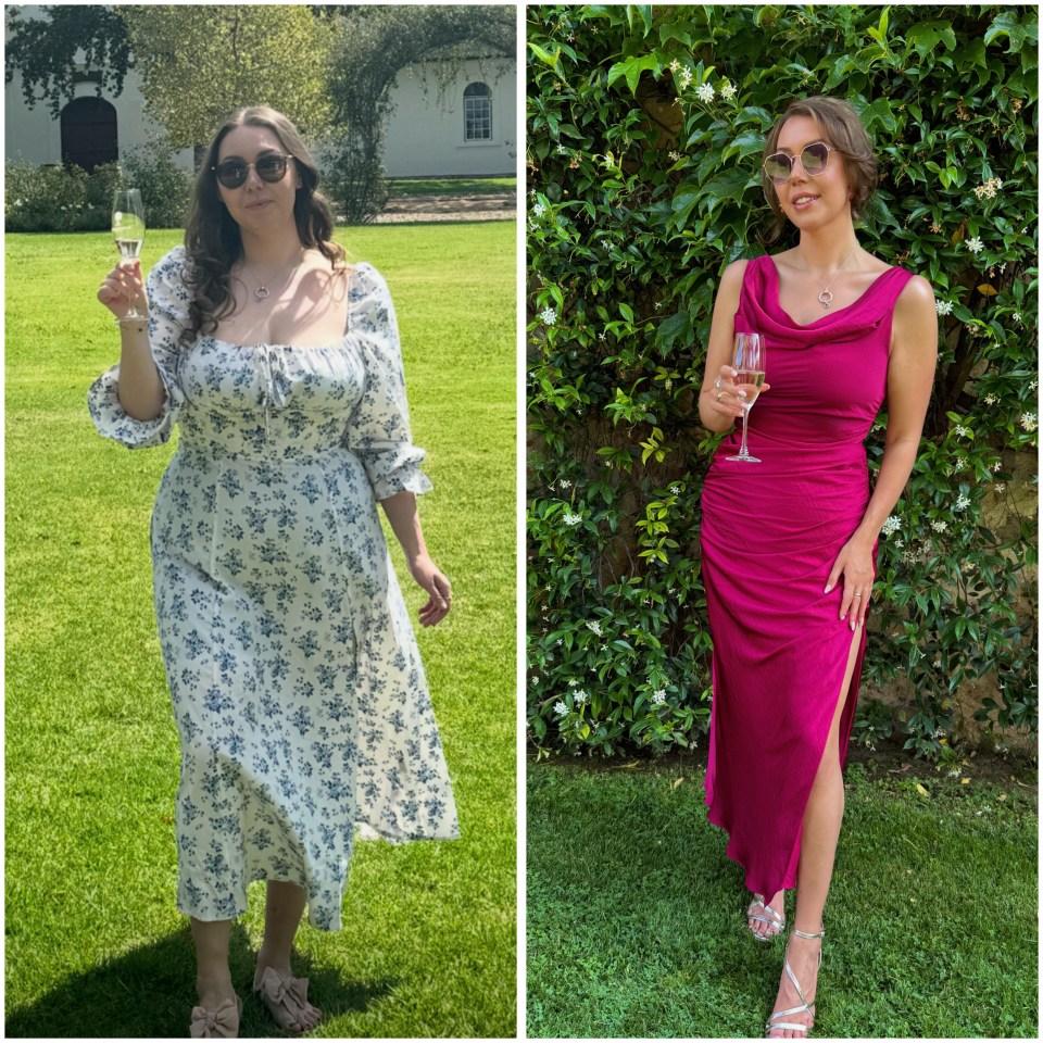 Before-and-after photos of a woman who lost weight.
