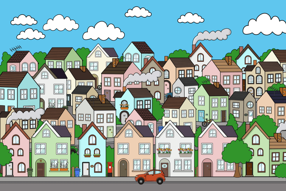 Illustration of a town with many houses and a red car.