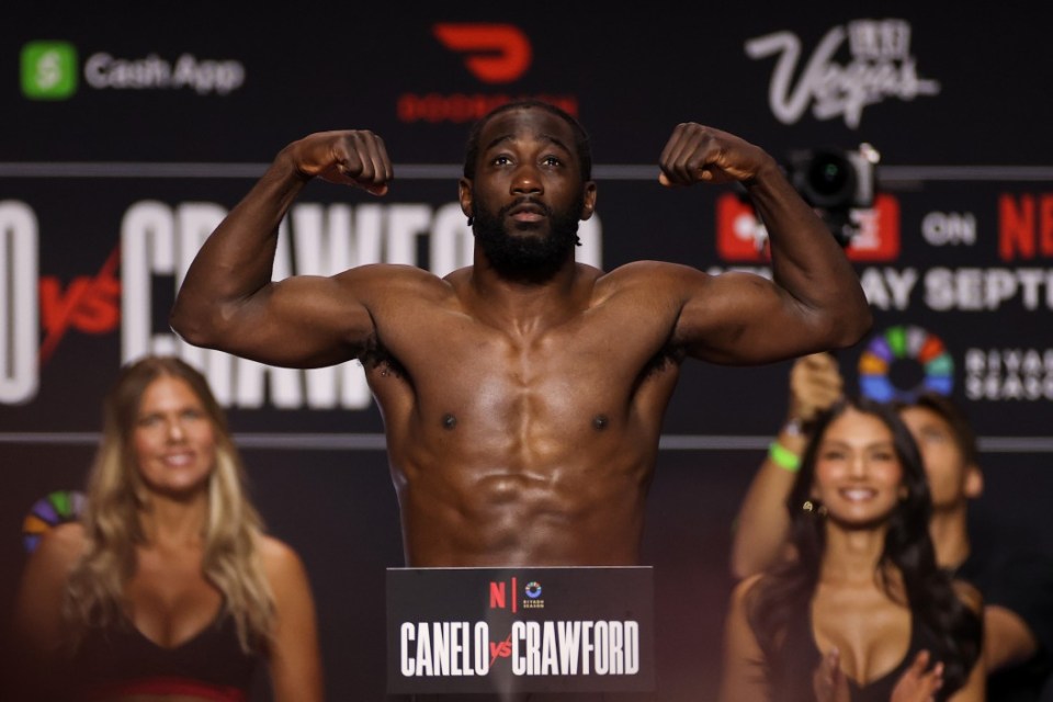 LAS VEGAS, NEVADA - SEPTEMBER 12: Terence Crawford poses on the scale during a weigh-in ahead of his undisputed super middleweight title fight at T-Mobile Arena on September 12, 2025 in Las Vegas, Nevada. (Photo by Sarah Stier/Getty Images for Netlix)