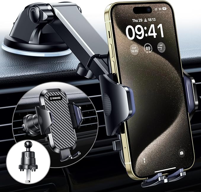 Car phone mount with suction cup and vent clip.
