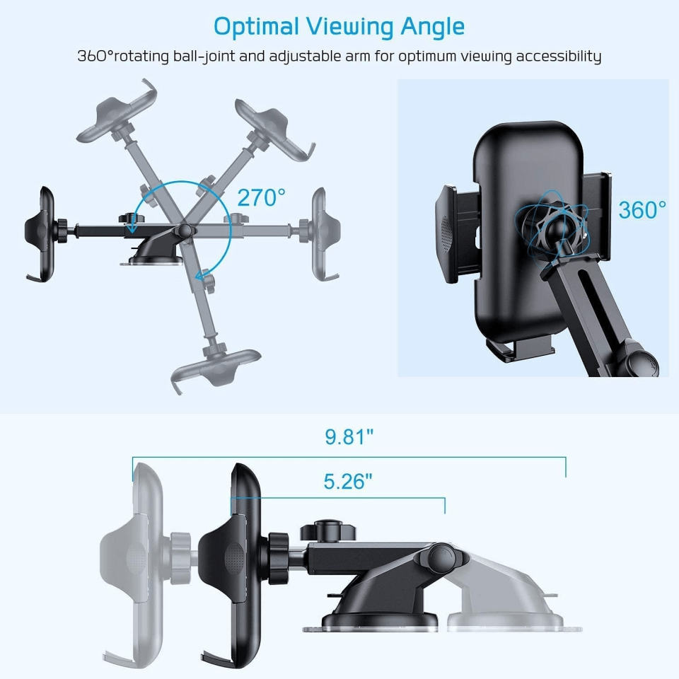 Illustration of a 360° rotating phone mount with adjustable arm.