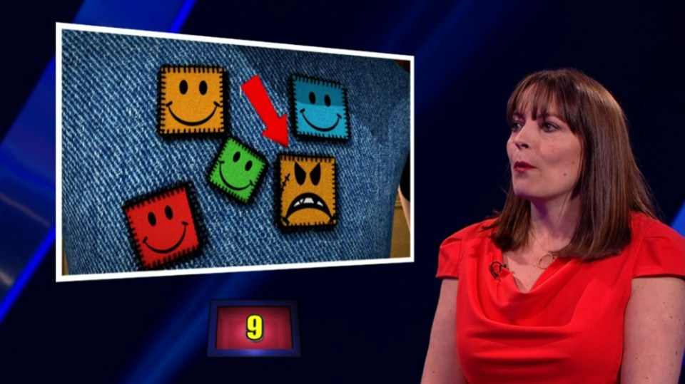 A woman in a red shirt looking at a screen with five embroidered emoji patches on a denim background, with a red arrow pointing to an angry emoji.