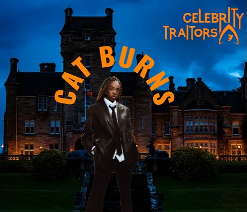 Illustration of Cat Burns in front of a castle for "Celebrity Traitors".