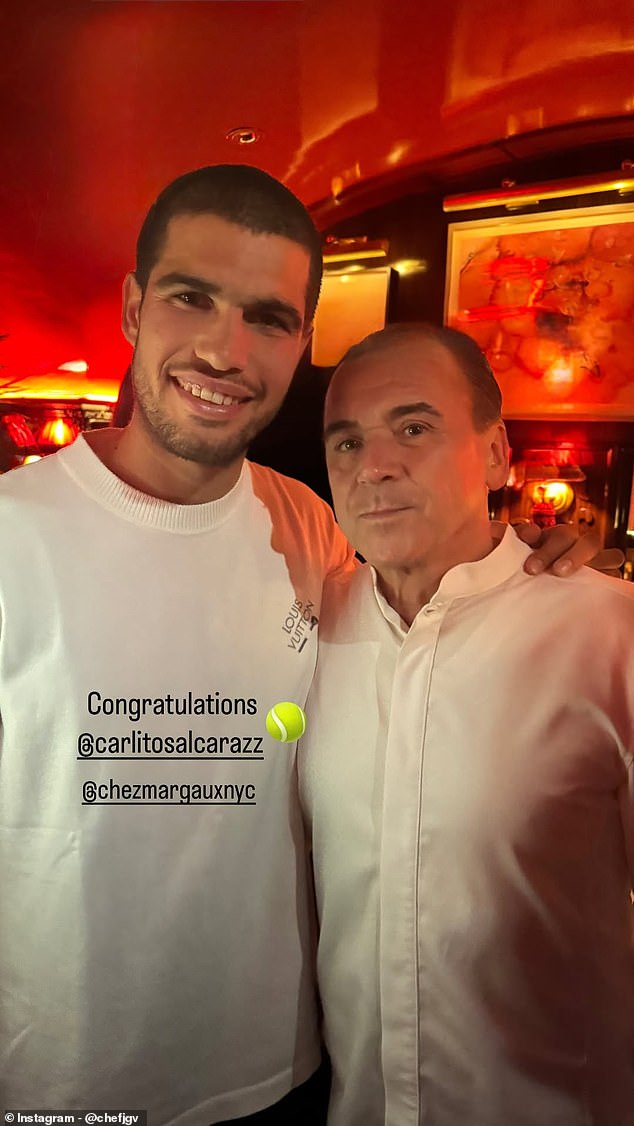 Alcaraz was pictured alongside chef Jean-Georges Vongerichten, who oversees the menu at the private supper club frequented by Taylor Swift and Travis Kelce