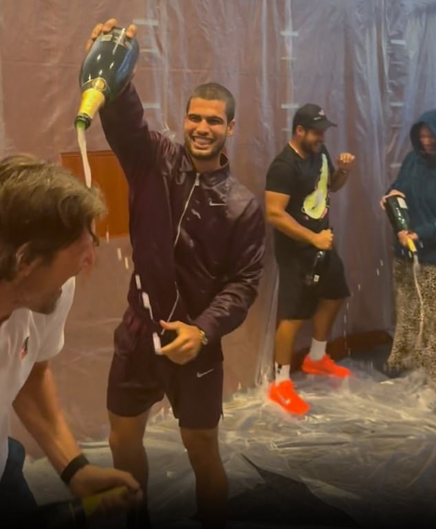 Carlos Alcaraz was soaked in champagne after clinching the US Open title in New York