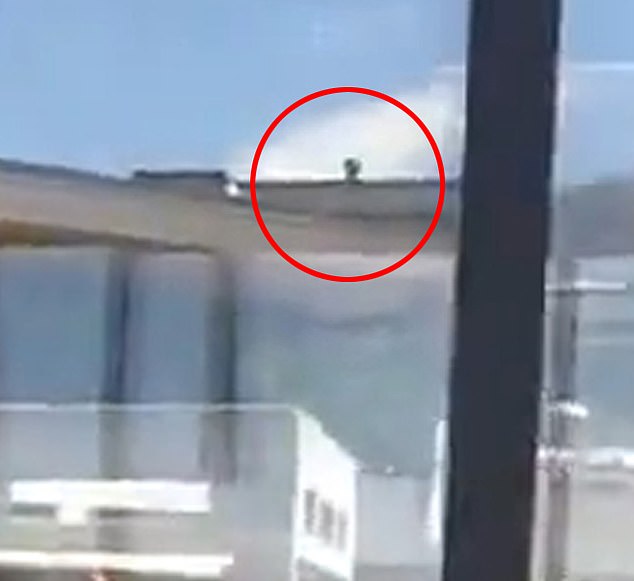The gunman managed to blend in with students on the college campus, having just arrived shortly before noon. A figure on the roof is seen here after the shooting