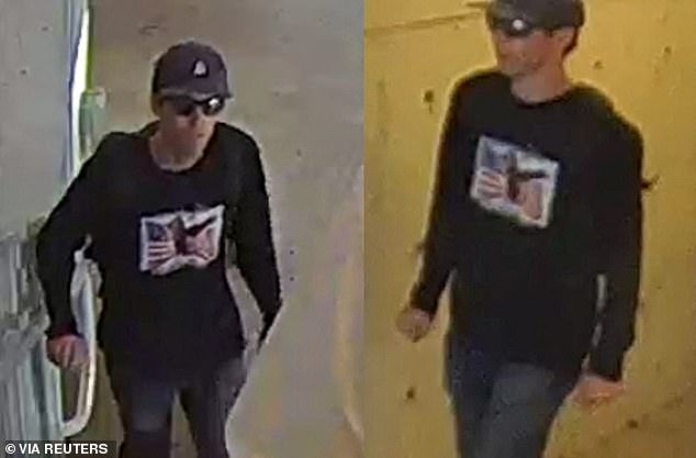 Officials released images of the person of interest who was sought in the manhunt, seen wearing a black t-shirt with a bald eagle flying across an American flag