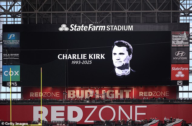 A tribute to Charlie Kirk prior to a game between the Carolina Panthers and the Arizona Cardinals at State Farm Stadium on September 14