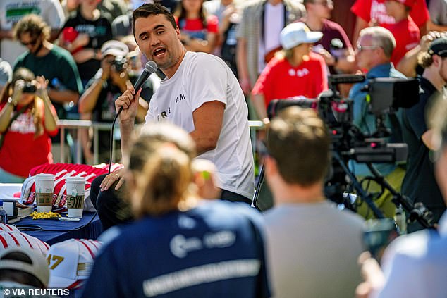 Ring-winged influencer Charlie Kirk (pictured) eerily spoke about gun violence as he was gorily assassinated at a Utah Valley University Rally