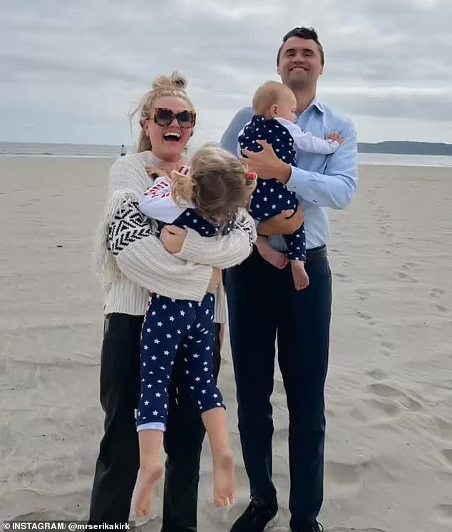 In one particularly moving section, Erika Kirk told how her three-year-old daughter had been asking where her daddy was. 'He's on a business trip with Jesus', she responded