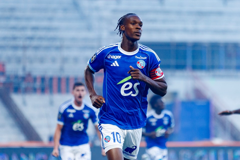 Emmanuel Emegha of RC Strasbourg celebrating a goal.