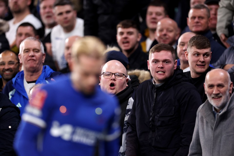 Leeds United fans react at a football match.