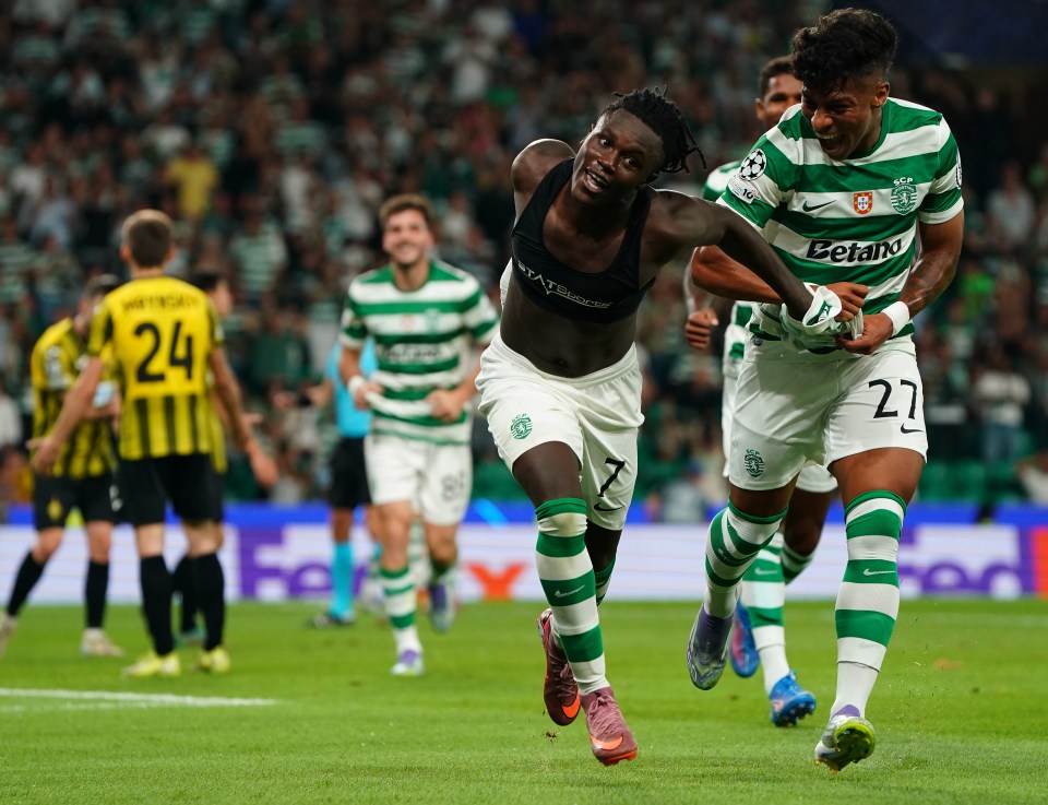 Geovany Quenda of Sporting CP celebrates scoring a goal with teammate Alisson Santos.