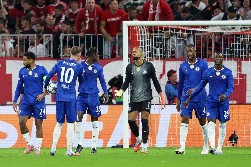 Chelsea goalkeeper Robert Sanchez reacting to conceding a goal against Bayern Munich in the UEFA Champions League.
